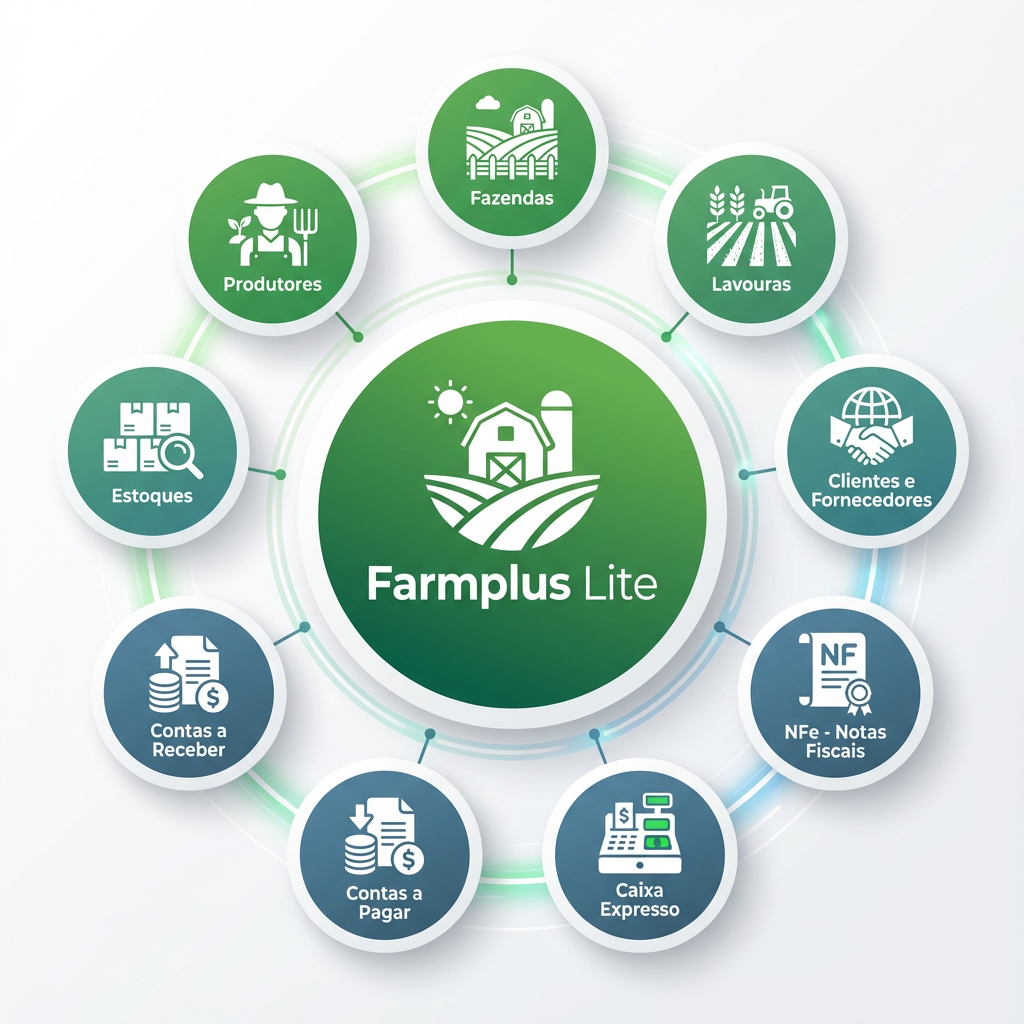 Diagrama de Relacionamento entre Módulos do Farmplus Solo - Mostrando integração entre Produtores, Fazendas, Lavouras, Clientes, Fornecedores, NFe, Caixa Expresso, Contas a Pagar, Contas a Receber e Análises Gerenciais